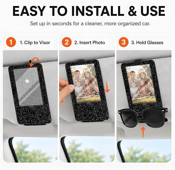2-in-1 Car Visor Sunglasses & Photo Holder, Magnetic PU Leather Glasses Clip with Picture Display Slot, Universal Sun Visor Organizer for Eyeglasses, Personalized Cards & Memories, Black Glitter - Image 4