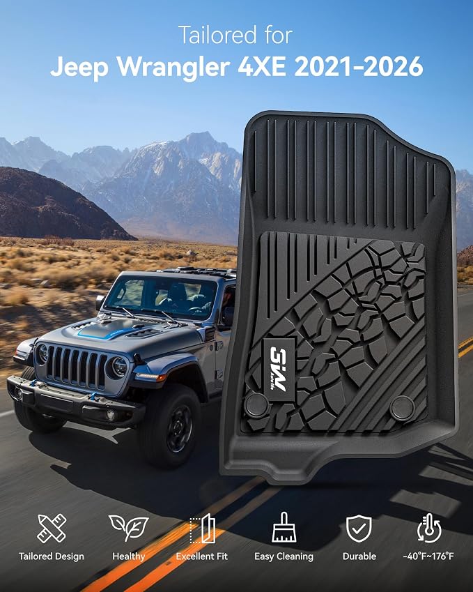 3W Floor Mats & Cargo Liner for Jeep Wrangler 4XE 2021-2026 (Non JL/JK) | All Weather TPE Rubber Heavy Duty Car Liner Trunk Mat Wrangler 4XE Accessories (Hybrid & 4 Door with Subwoofer) - Image 2