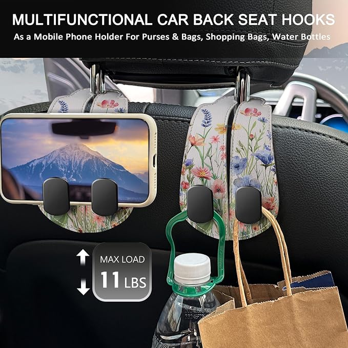 Blusabaca 2PCS Car Seat Headrest Hooks, Purses Bags Holder, Vibrant Floral | PU Leather, Double Metal Back Storage Hangers for Grocery Bags Handbags Bottles Coats Phones, Car Accessories Organization - Image 3
