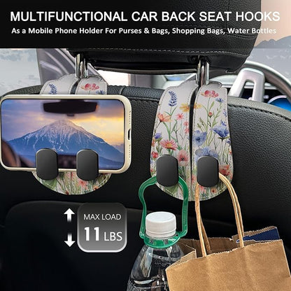 Blusabaca 2PCS Car Seat Headrest Hooks, Purses Bags Holder, Vibrant Floral | PU Leather, Double Metal Back Storage Hangers for Grocery Bags Handbags Bottles Coats Phones, Car Accessories Organization - Image 3