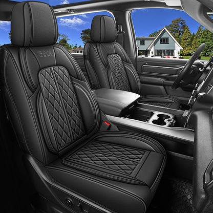 Car Seat Cover Custom Fit for Dodge Ram 1500 2500 3500 2002-2026 Faux Leather Seat Cover Set Compatible with Crew Quad Regular Cab Pickup Truck Cushions (Black, Full Set, Flat Rear) by DuDuWang