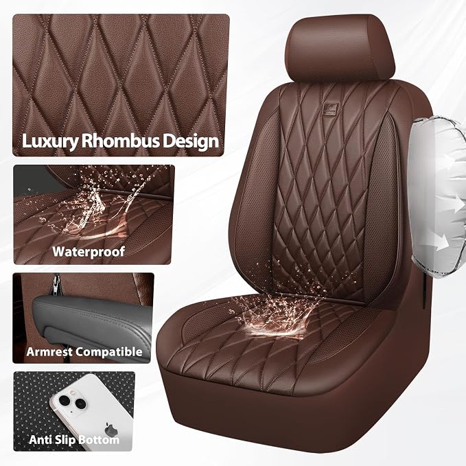 CAR PASS Piping Luxury Faux PU Leather Two Front Car Seat Covers, Waterproof Anti Slip Seat Covers Compatible with Front Seat Armrests,Universal Fit for Suvs,Vans,Trucks,Airbag Compatible, All Brown - Image 6
