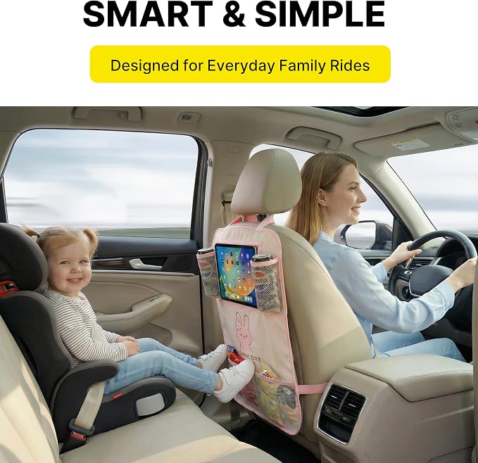 Backseat Car Organizer for Kids, Car Seat Organizer with 11” Touch Screen Tablet Holder, Rear Seat Storage Bag with Drink Pockets, Anti-Kick Seat Back Protector for Travel (Pink Rabbit) - Image 2
