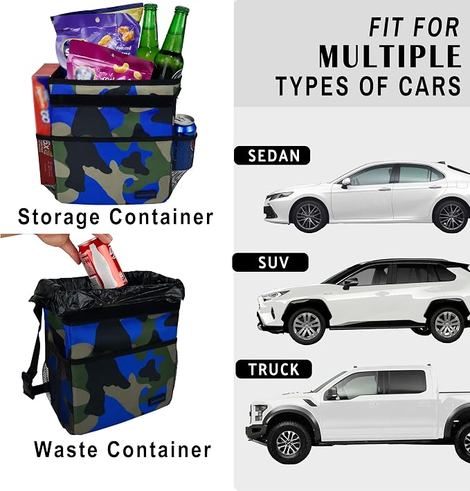 SIBOFUEGO Cute Car Trash Can with Lid – Multipurpose Collapsible Trash Bin for Car, Leak-Proof Organizer, Waterproof Garbage Can with Storage Pockets & Adjustable Straps, 2 Gallons (Camo Blue) - Image 3