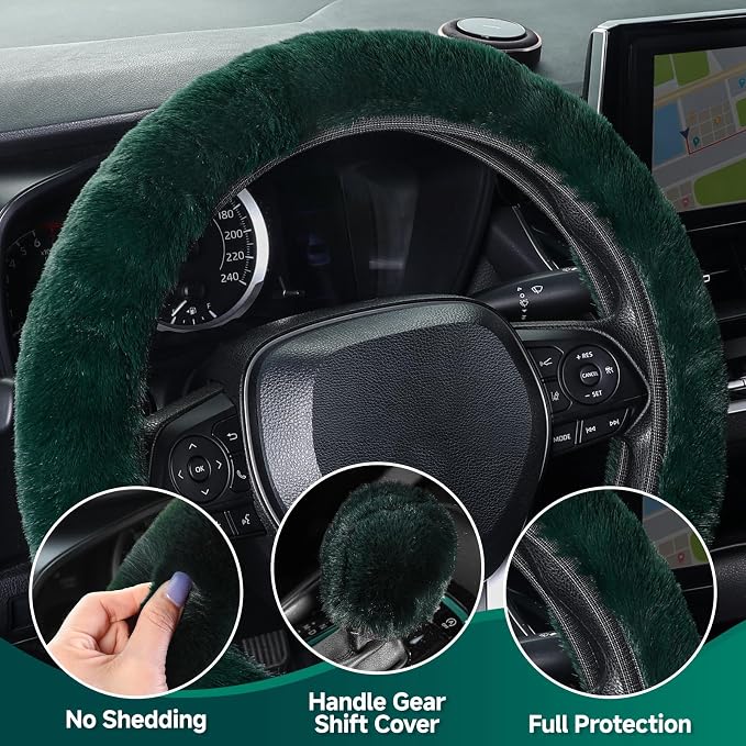 SEG Direct Fluffy Furry Steering Wheel Cover, Fuzzy Gear Shift, Dark Green | 2 PCS Set, Gear Shift Cover, Soft and Warm, Cute Fur Auto Decor, Standard Size 14.5- 15 inch for Women Men - Image 4