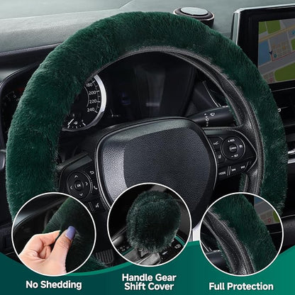 SEG Direct Fluffy Furry Steering Wheel Cover, Fuzzy Gear Shift, Dark Green | 2 PCS Set, Gear Shift Cover, Soft and Warm, Cute Fur Auto Decor, Standard Size 14.5- 15 inch for Women Men - Image 4