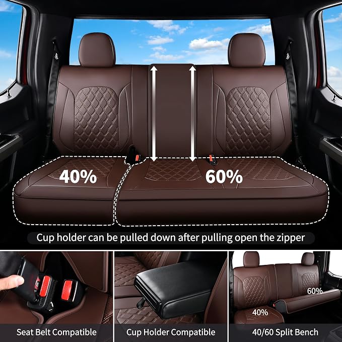 Huidasource F150 Coffee Rear Seat Covers, Leather Rear Bench Car Seat Cushion Cover Fit for 2015-2026 Ford F150 SuperCrew & 2017-2026 F250 F350 F450 Super Duty Crew Cab Pickup Truck - Image 2