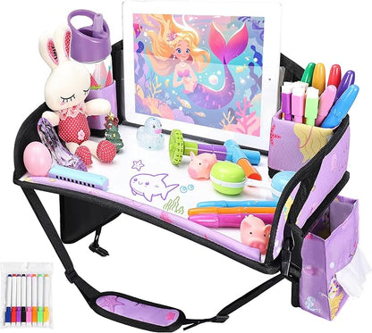 Kids Travel Tray for Toddler Car Seat, Road Trip Activities for Kid | Toddler Car Activities with iPad Holder Stand, Roadtrip Essentials with Dry Erase Board & Cooler Cup Holder,Purple Mermaid by WENRENER