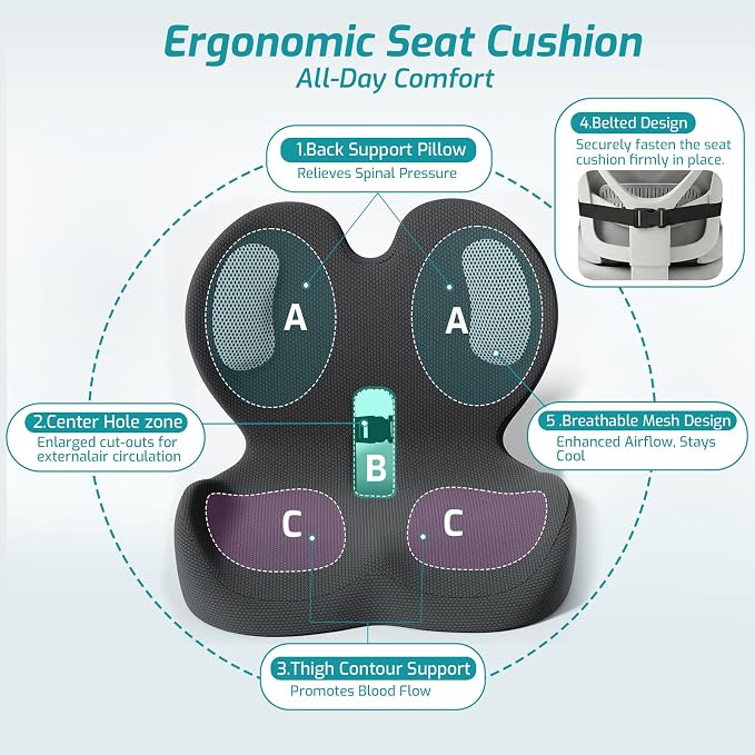 Trucker Seat Cushion, Thick Car Seat Cushions with Lumbar Support Pillow, Ergonomic L-Shaped Orthopedic Memory Foam for Long Driving Lower Back Pain Sciatica Relief, Gift for Drivers (Black+WE) - Image 3
