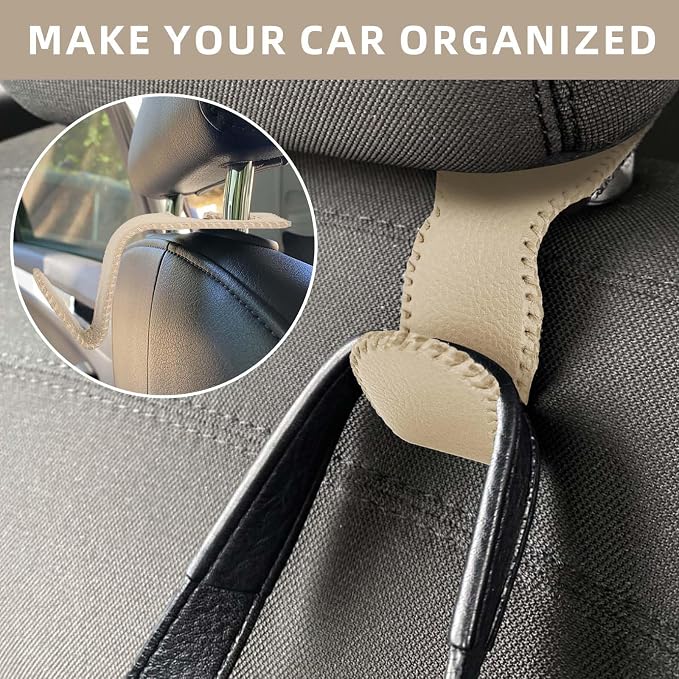 Car Purse and Coat Hanger - 2Pack Beige Leather Hooks for Hanging Purses, Bags and Coats - Image 7