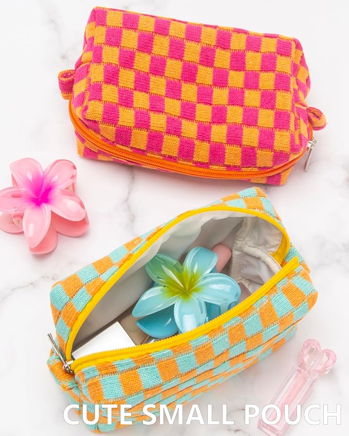 Checkered Makeup Bag for Purse, Small Travel Cosmetic Pouch,Orange Green | Cute Zipper Makeup Organizer for Women, Travel Essentials, Toiletries, Makeup Brushes, Beauty Accessories&Bridesmaid Gifts - Image 8