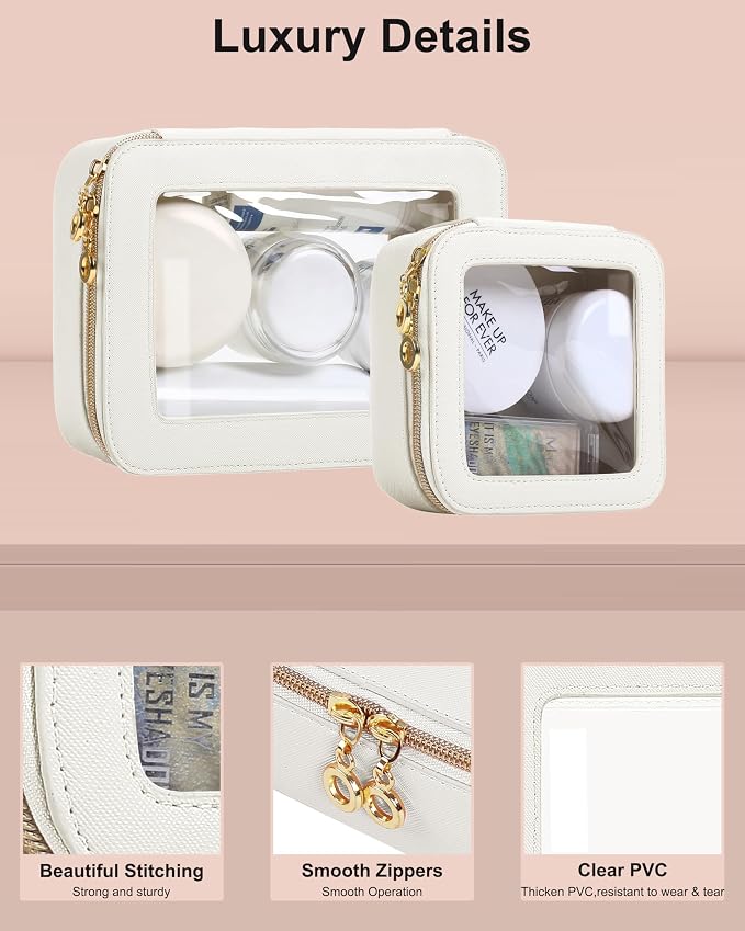 Leather Clear Makeup Bags Set - Travel Clear Cosmetic Bag Case with Zipper, Transparent TSA Approved Toiletry Bags for Travel Essentials Car Accessories for Women (White, S+M) - Image 3
