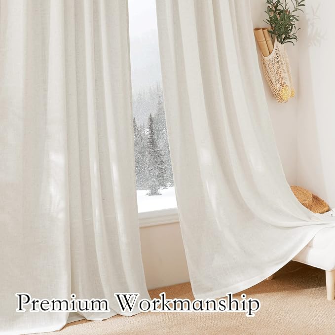 RYB HOME Natural Linen Blend Curtains 108 inches Long for Sliding Door | Semi Sheer Privacy, Soft Breathable, Vintage, Light Filtering, for Bedroom, Rod Pocket, Linen, W52 x L108, 2 Pcs - Image 8