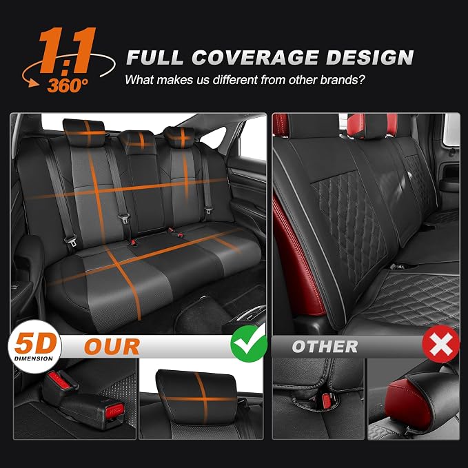 AOMSAZTO Custom Fit Seat Covers for Honda Accord: 2018-2022 LX | (Rear Solid Folding Backrest )Full Set Waterproof Airbag Compatible Faux Leather Black%Gray - Image 7