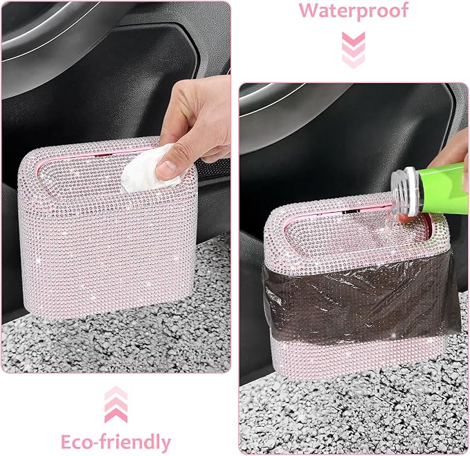 Accmor Bling Car Trash Can with Lid, Leakproof Mini Vehicle Trash Bin Automotive Dustbin Organizer Storage, Sparkling Crystal Rhinestone Trash Bag Container with 30pcs Garbage Bags Car Accessories - Image 5
