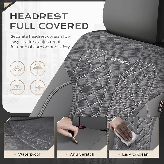 Coverado Car Seat Covers 2-Pack, Luxury Front Seat Covers, Automotive Car Seat Protectors, Gray Driver Seat Covers Universal Fit for SUVs, Trucks, Sedans - Image 6