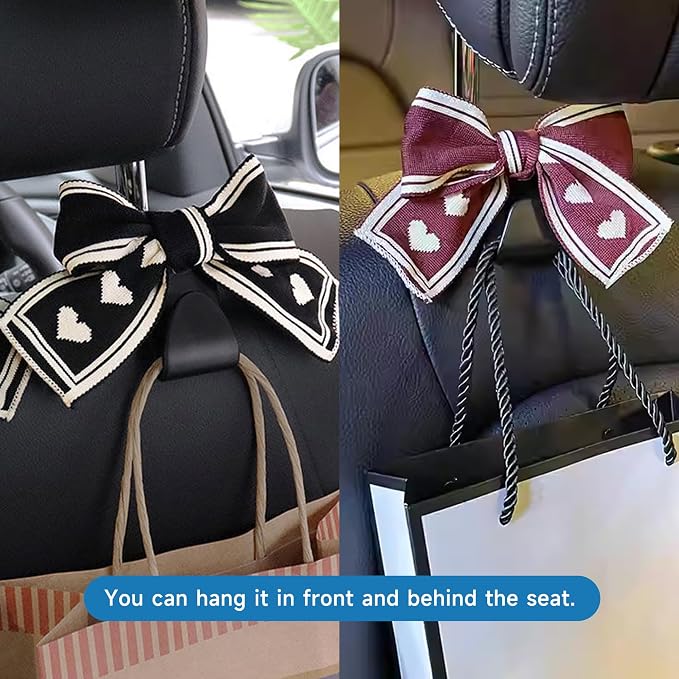 2 Pack Bow Car Seat Headrest Hooks, Red Heart | PVC construction, snap-on installation, holds bags purses or umbrellas, fits most cars and trucks, car interior accessories - Image 5