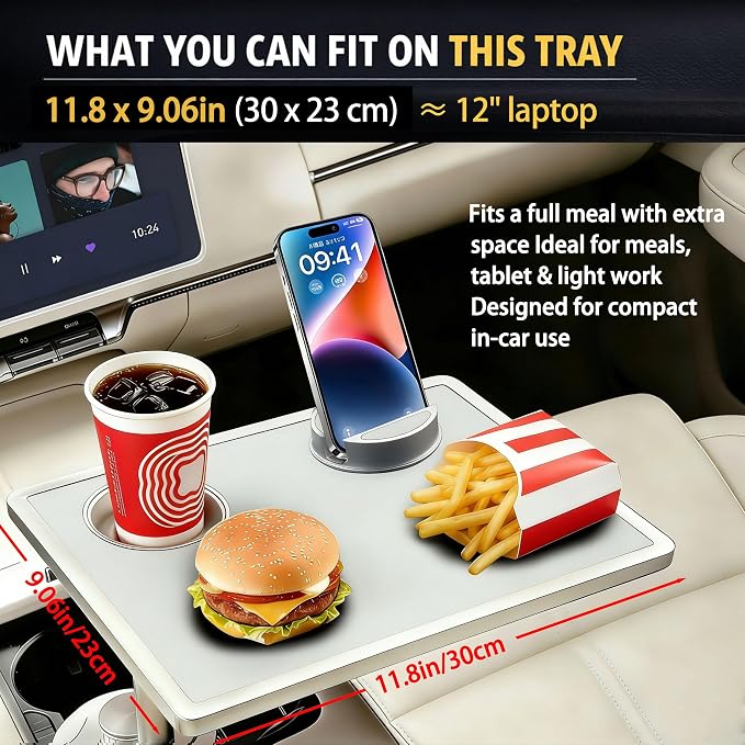 Car Desk for Laptop 360° Rotating Tesla Tray with Cup Holder Phone Stand | Adjustable Height Car Table Tray Car Accessories Compatible with Model 3/Y/S Ford Vehicles, Fits Round Cup Holder 2.28"-3.66" - Image 10