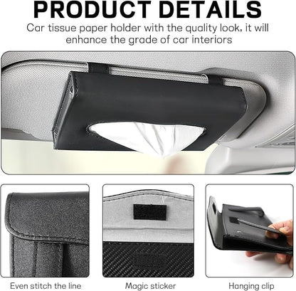 Car Tissue Holder, PU Leather Sun Visor Tissue Box (Plaid-Black) | Wear-Resistant & Waterproof, Napkin & Mask Dispenser, Metal Memory Clips, Easy Refill, Fits Most Vehicles - Image 4