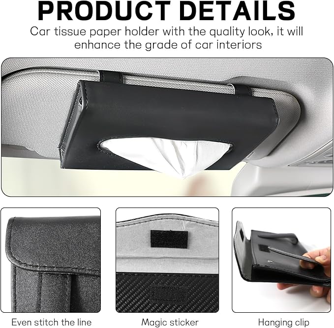 Car Tissue Holder, PU Leather Sun Visor Tissue Box (Plaid-Beige) | Wear-Resistant & Waterproof, Napkin & Mask Dispenser, Metal Memory Clips, Easy Refill, Fits Most Vehicles - Image 4