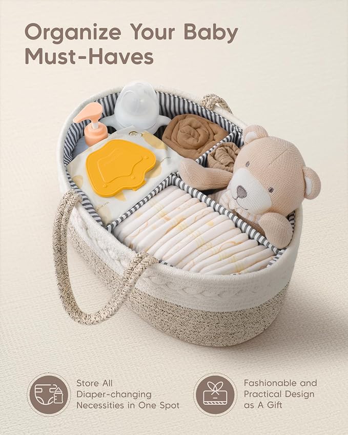 Maliton Baby Diaper Caddy Organizer, X-Large Cotton Rope, Rustic Style, Portable, 3 Compartments, A-Brown - Image 4