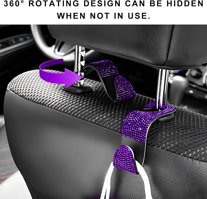 4 PCS Car Seat Headrest Hooks, Bling Crystal Rhinestone Back Seat Hanger Storage Organizer, Sparkly Seatback Holder Hooks for Purse and Bags Universal For Most Vehicles (Purple) - Image 6