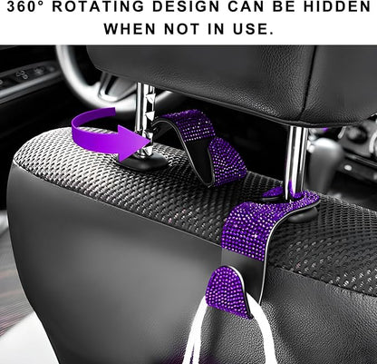 4 PCS Car Seat Headrest Hooks, Bling Crystal Rhinestone Back Seat Hanger Storage Organizer, Sparkly Seatback Holder Hooks for Purse and Bags Universal For Most Vehicles (Purple) - Image 6