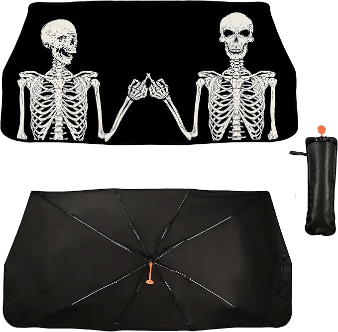 Socira Funny Skull Car Sun Shade Windshield Sunshade Umbrella Foldable | Gothic Umbrella Sun Shade Sunshade Front Window Cover Skull Car Accessories Blocks Uv Rays 57" X 30" - Image 2
