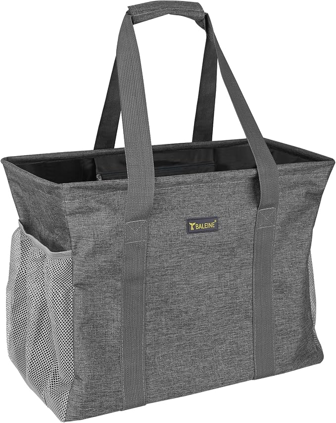 BALEINE Extra Large Utility Tote Bag with Reinforced Wire Frame, Reusable Grocery Bag for Shopping, Picnic (Grey, 16.5''x14''x10'') by BALEINE