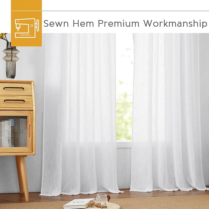 RYB HOME White Sheer Curtains 90 inches Long for Living Room | Privacy Linen Fabric, Semitransparent, Farmhouse Country, for Patio Door Bedroom Bay Window, W52 x L90, 2 Panels - Image 7