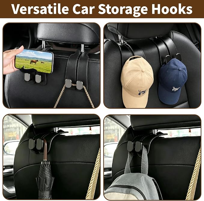 Car Seat Headrest Hooks, 4 Pack Universal Purse Hook for Car, Bag Holder with Double Hooks, Back Seat Storage Organizer for Purses, Handbags, Grocery - Image 7