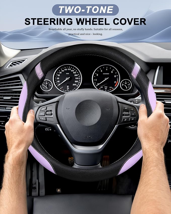 Universal Leather Steering Wheel Cover for Women Steering Wheel Cover for Car 15 inch (Lilac Color) - Image 2