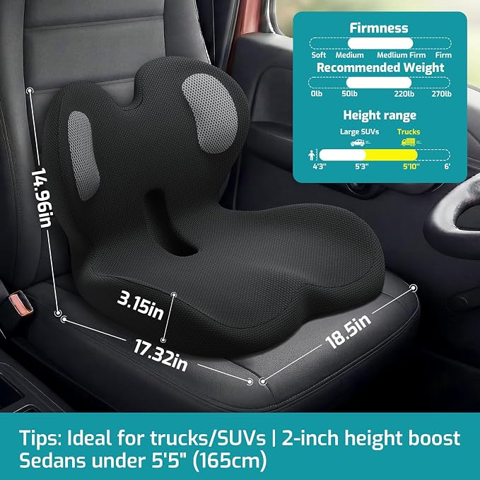 Trucker Seat Cushion, Thick Car Seat Cushions with Lumbar Support Pillow, Ergonomic L-Shaped Orthopedic Memory Foam for Long Driving Lower Back Pain Sciatica Relief, Gift for Drivers (Black+WE) - Image 2