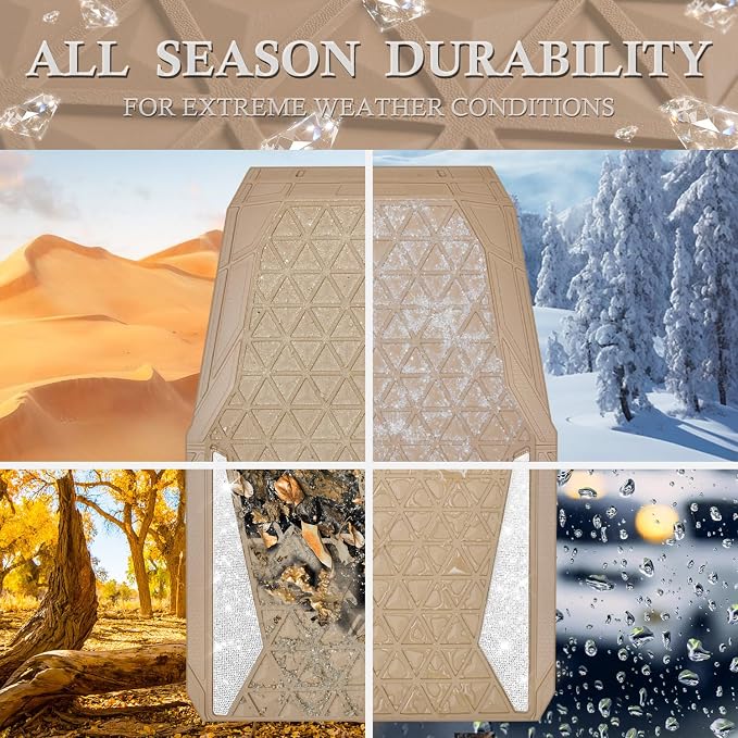 CAR PASS Bling Diamond Car Mats Rubber Floor Mats Full Set Anti-Slip 3D Rhombus Waterproof Trim to Fit Liner Universal Glitter Crystal Sparkly Shining Rhinestone Girl Women SUV Sedan Van, Beige Rubber - Image 3