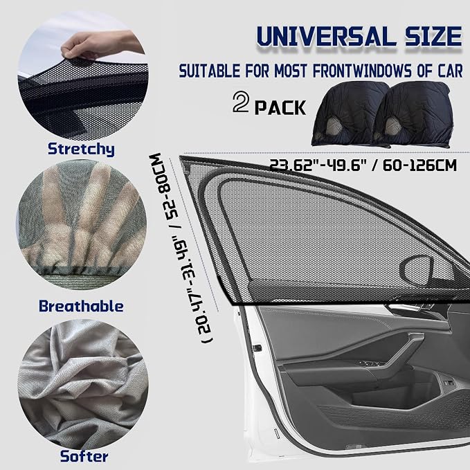 Car Front Window Shades, OUTTDID 2 Pack Side Window Sun Shades,Stretchy Mosquito Net Cover Fit Cars SUVs - Up to 31.5”x49.6” - Image 2