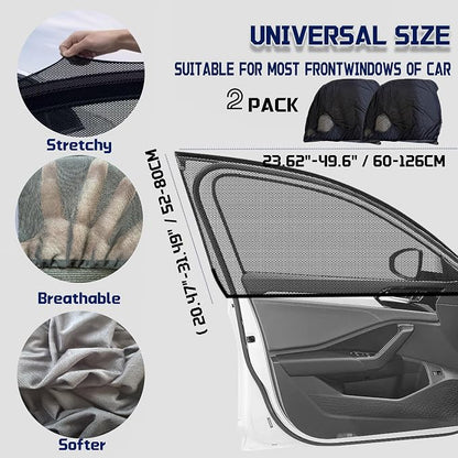 Car Front Window Shades, OUTTDID 2 Pack Side Window Sun Shades,Stretchy Mosquito Net Cover Fit Cars SUVs - Up to 31.5”x49.6” - Image 2