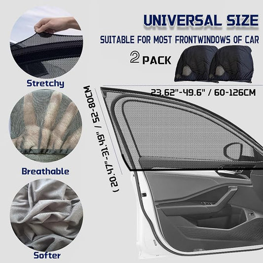 Car Front Window Shades, OUTTDID 2 Pack Side Window Sun Shades,Stretchy Mosquito Net Cover Fit Cars SUVs - Up to 31.5”x49.6” - Image 2