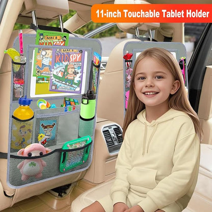 Car Backseat Organizer ，2 Pack Car Organizer Back Seat with 11" Tablet Holder, 10 Storage Pockets Seat Back Protectors Kick Mats for Kids Toddlers, Travel Accessories (Grey) - Image 2