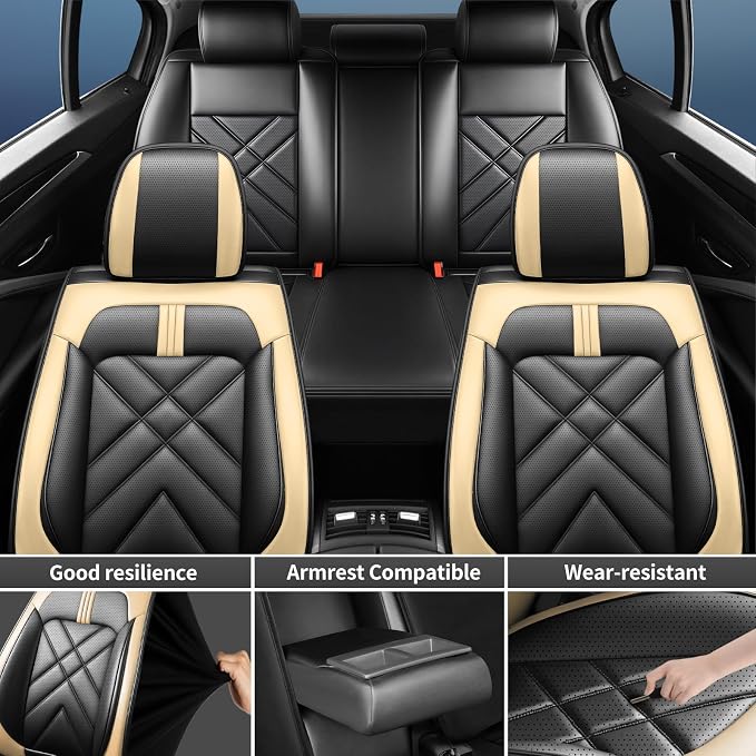Rio Car Seat Covers Custom Fit for KIA Rio 2014-2026, Premium Full Coverage Leather Automotive Seat Protectors, All Seasons Waterproof Breathable, Airbag Compatible, Full Set Seats Black Beige - Image 4