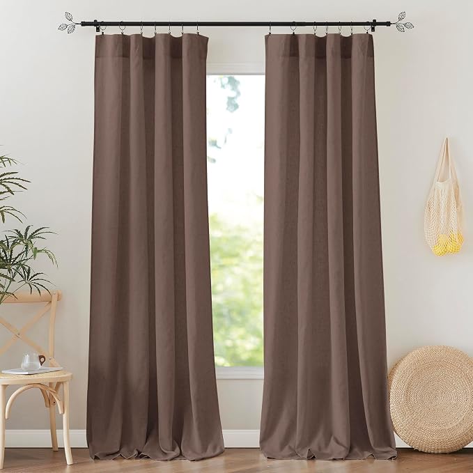 RYB HOME Linen Sheer Curtains 2 Panels for Living Room, Semi Transparent Privacy Drapes with Rod Pocket Farmhouse Style Window Treatments for Bedroom, Brown, 52" W x 90" L by RYBHOME