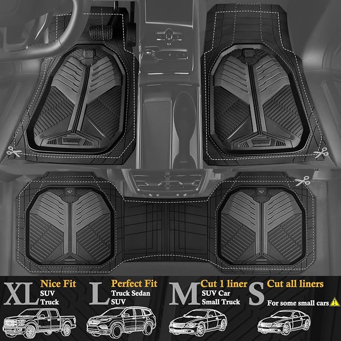 CAR PASS Heavy Duty Rubber Car Mats, Deep-Dish Car Floor Mats All Weather, Universal Two-Tone Trim-to-Fit for SUVs Trucks Sedans, Waterproof Anti-Slip, 3 Pieces V12 Black and Charcoal - Image 2