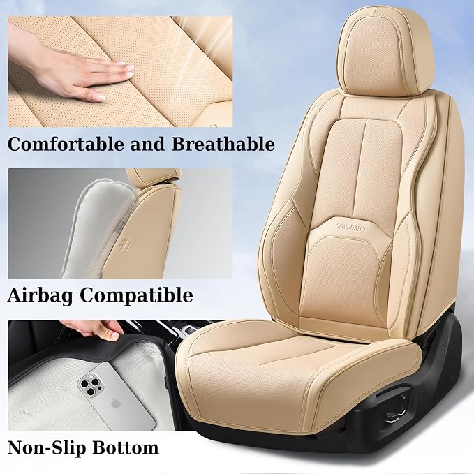 Coverado Seat Covers, Leather Seat Covers Front Seat, Luxury Car Seat Covers with Lumbar Support, Front Driver Seat Covers, Car Seat Protector Waterproof Universal Fit Most Cars(Beige) - Image 2