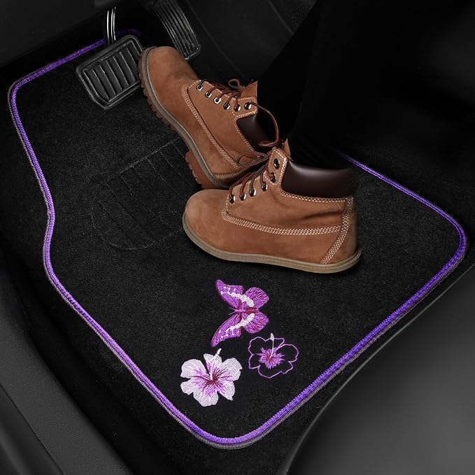 CAR PASS Embroidery Butterfly and Flower Car Floor Mats, Purple Car Floor Mats, Universal Fit 95% Automotive,SUVS,Sedan,Vans,for Women,Girly,Set of 4(Black with Purple) - Image 9