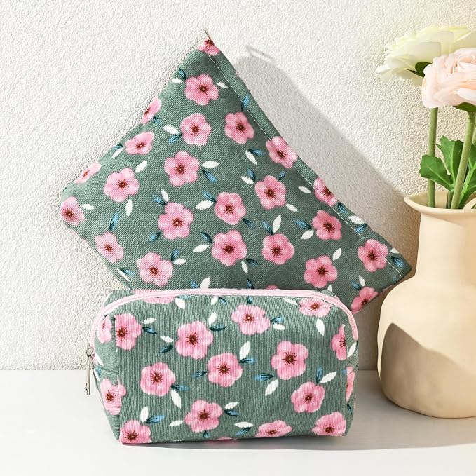 SOIDRAM 2 Pieces Sakura Makeup Bag Large Cosmetic Bag Capacity Canvas Mix Travel Toiletry Bag Organizer Cute Makeup Brushes Aesthetic Accessories Storage Bag for Women, Sakura Mix Green - Image 7