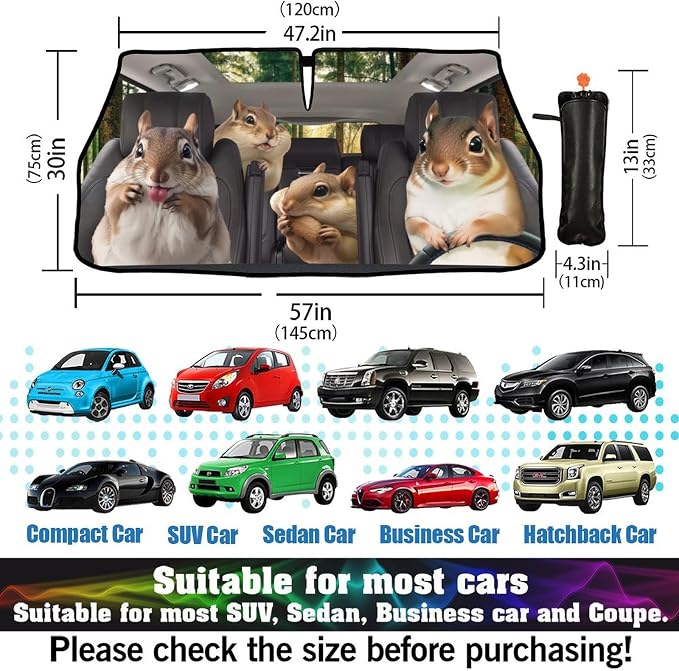 Socira Funny Squirrels Car Windshield Sunshade Umbrella Foldable Visor | Umbrella Sun Shade Cover Funny Animal Sunshade Front Window Cover Squirrels Car Accessories Blocks Uv Rays 57" X 30" - Image 3