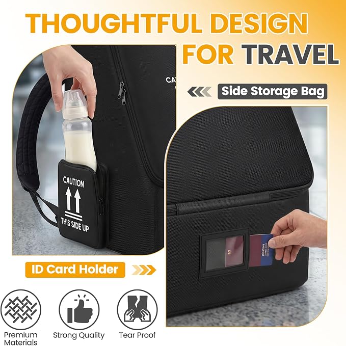 Orzbow Padded Car Seat Travel Bag for Airplane, Carseat Backpack Bag, Black | Universal Fit Carseat & Booster Seat, with Side Pocket, Car Seat Carrier with Shoulder & Waist Strap for Gate Check - Image 5