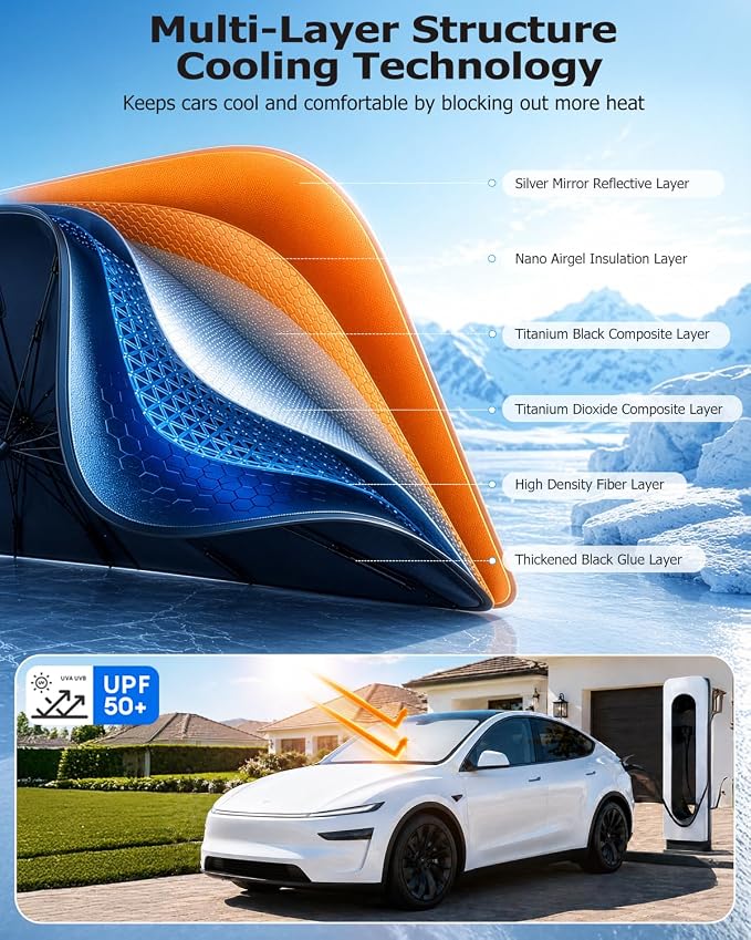 Weektic Windshield Sun Shade Umbrella for Model 3/ Model Y 2018-2026, Double Thickened Ice Crystal Coating, Sun & Heat Protection, Keep Vehicle Cool & Protect Interior - Image 3