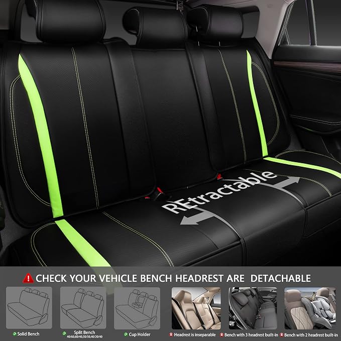CAR PASS Fluorescent Green & Nappa Leather Seat Covers Full Set, with Backrest Cushion Protector Waist Protection Universal Fit for SUV Pick-up Truck, Automotive Vehicle Interior (Black Green) - Image 6
