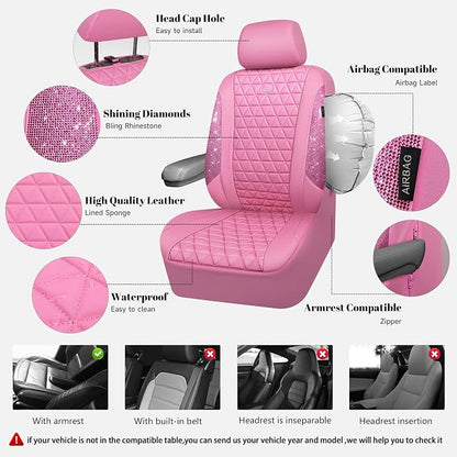 CAR PASS Bling Diamond Pink Leather Car Seat Covers Full Sets Interior Sets, Waterproof Shining Glitter Sparkly Crystal Universal Armrest Fit for Automotive Truck SUV Cute Women Girl, Pink Rhinestone - Image 3