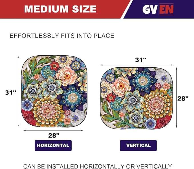 Gven Windshield Sun Shade for Car 2-Piece Foldable Sunshade for Front Windows, Blocks UV Rays, Automotive Interior Sun Protection Car Summer Accessories（Floral,M） - Image 2